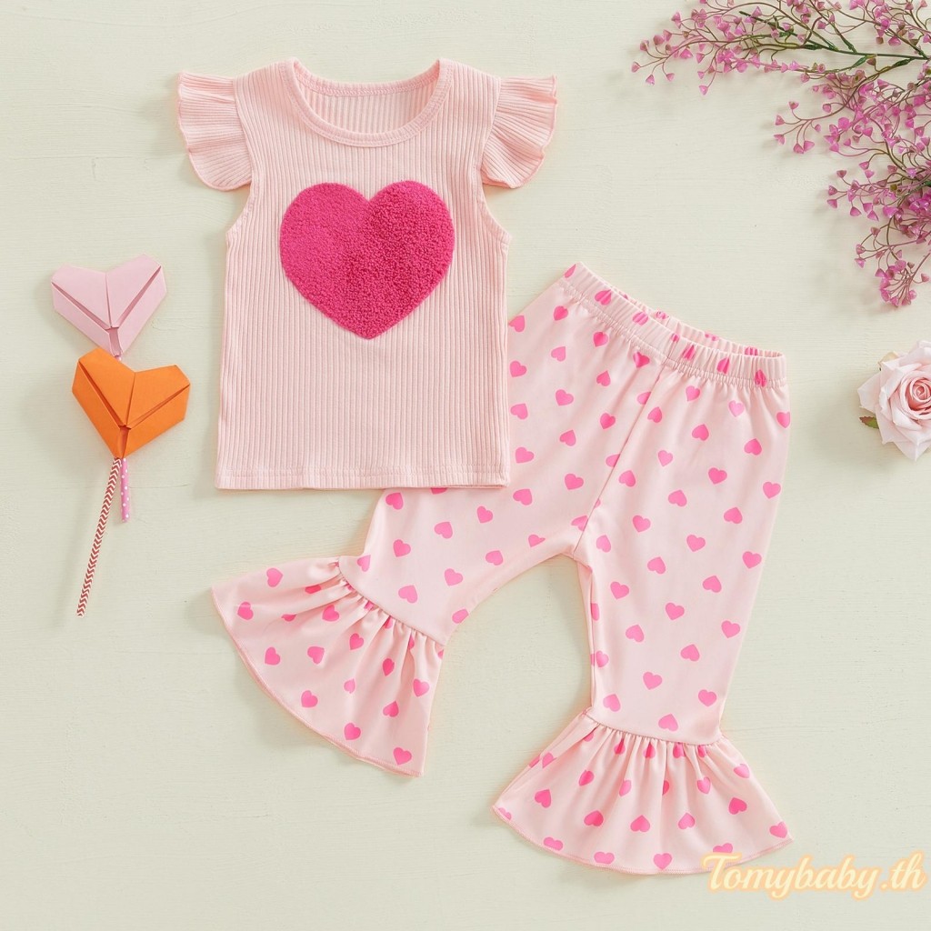 Tomybaby-2 ชิ้นเด็กทารกวาเลนไทน์ชุดหัวใจเย็บปักถักร้อยลูกเรือคอเสื้อยืดแขนบิน + กางเกงเปลวไฟชุด