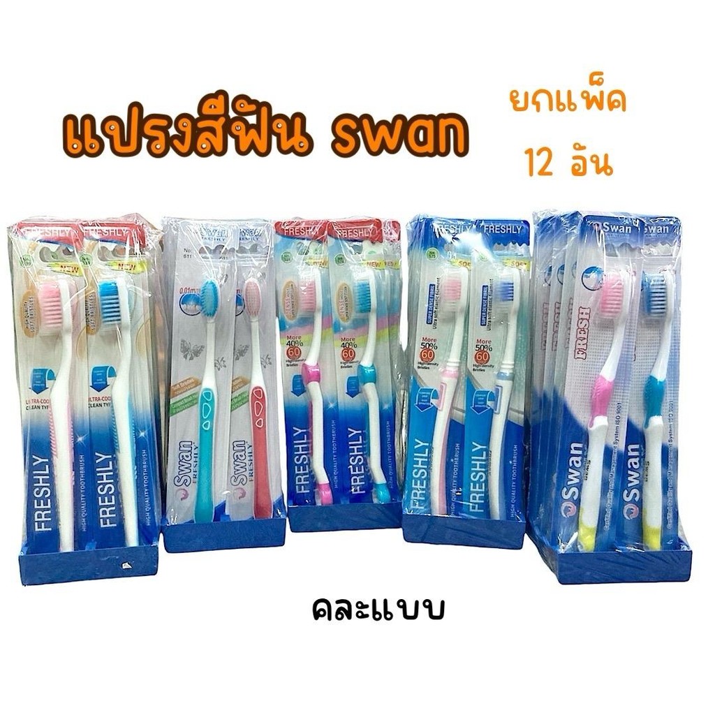 (ยกแพ็ค 12 อัน) แปรงสีฟัน แปรงสีฟันผู้ใหญ่ขนนุ่ม  swan freshly
