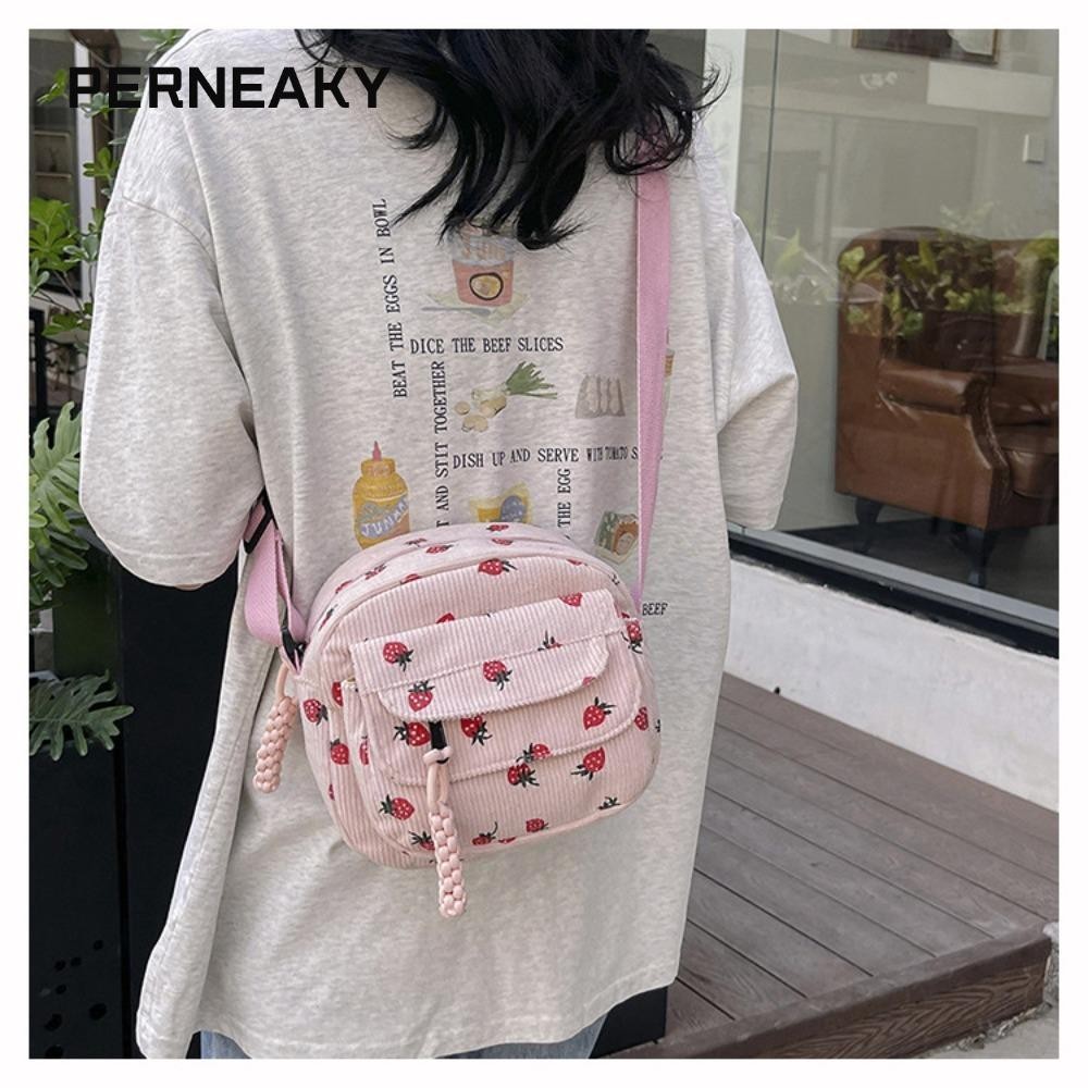 Perneaky กระเป๋าสะพายข้าง, การพิมพ์สตรอเบอร์รี่กระเป๋าสะพายหวาน, กระเป๋าถือผู้หญิงสาวอ่อนโยนความจุขนาดใหญ่
