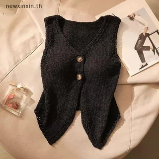 ^N^ ฤดูร้อนแฟชั่นสีทึบปุ่มเก๋คอวีแขนกุดถักเสื้อชั้นในสตรี {T}