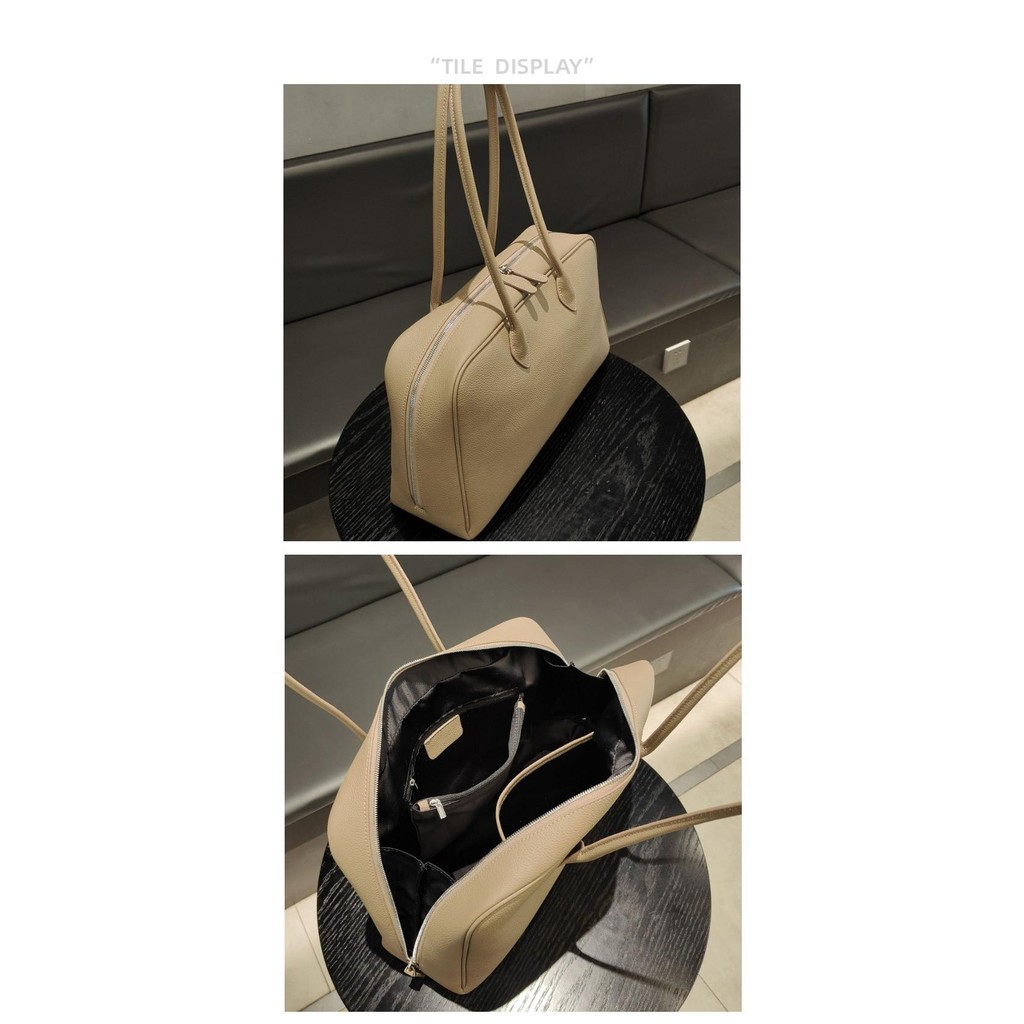 F First Layer Cowhide Boston Pillow Bag Korean Niche Underarm Bag Large Capacity Tote Bag Commuter Shoulder Handbag