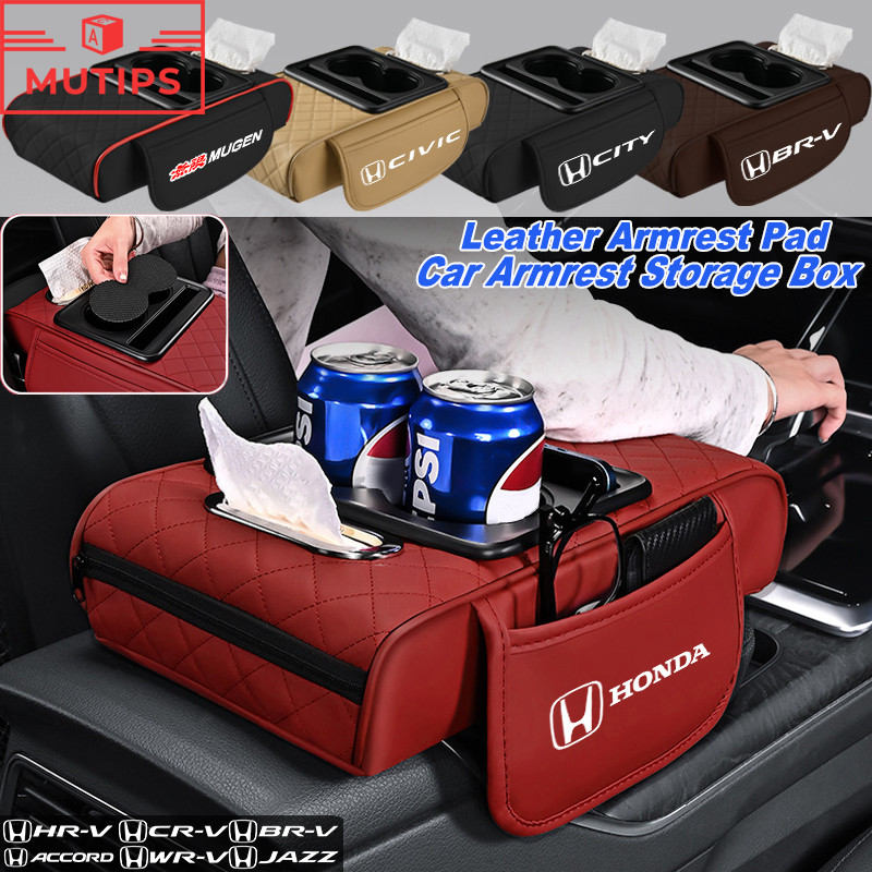 Honda เครื่องหนัง ที่พักแขนในรถ กล่องเก็บของคอนโซลกลาง ที่ท้าวแขน พร้อมกล่องทิชชู่และที่วางแก้ว Mugen civic 11th gen fd fc eg fk HRV Jazz City Mugen Fit Vezel Accord BRV WRV Stream