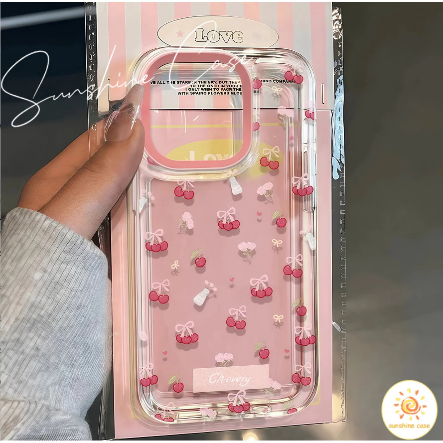 🔥GOOD🔥เชอร์รี่สีชมพู น่ารัก เคสนิ่มเต็มกล้อง 14 15 12 Pro Max 7Plus 13 11 16 Pro Max For Iphone 7 14 15 8 XR X XS Max