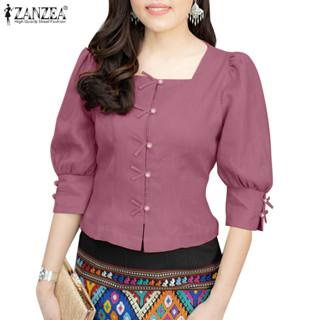 Zanzea เสื้อเชิ้ตคอเหลี่ยมหรูหราเกาหลีสําหรับผู้หญิง