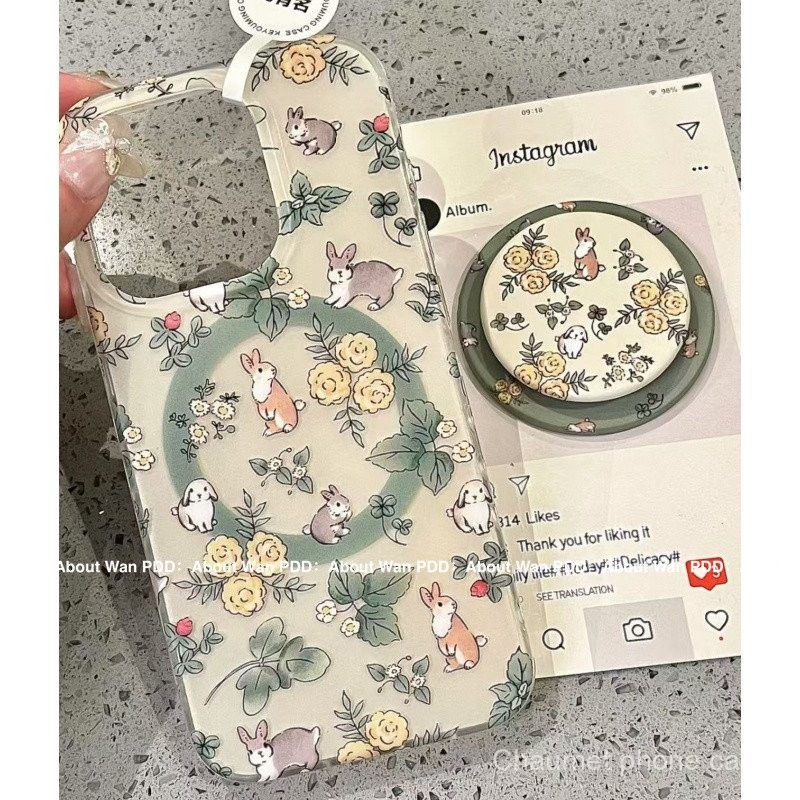 สไตล์เกาหลี Leaf Full Screen Rabbit Magnetic Bracket เข้ากันได้กับ iPhone14promax Apple 16 เคสโทรศัพท์ iPhone15 หญิง 13 THJR