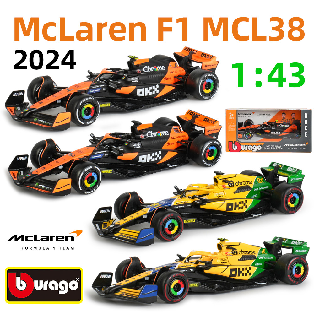 Bburago 1:43 2024 Mclaren MCL38 Miami Monaco F1 สูตรรถ Die Cast ยานพาหนะสะสมของเล่นแข่งรถ