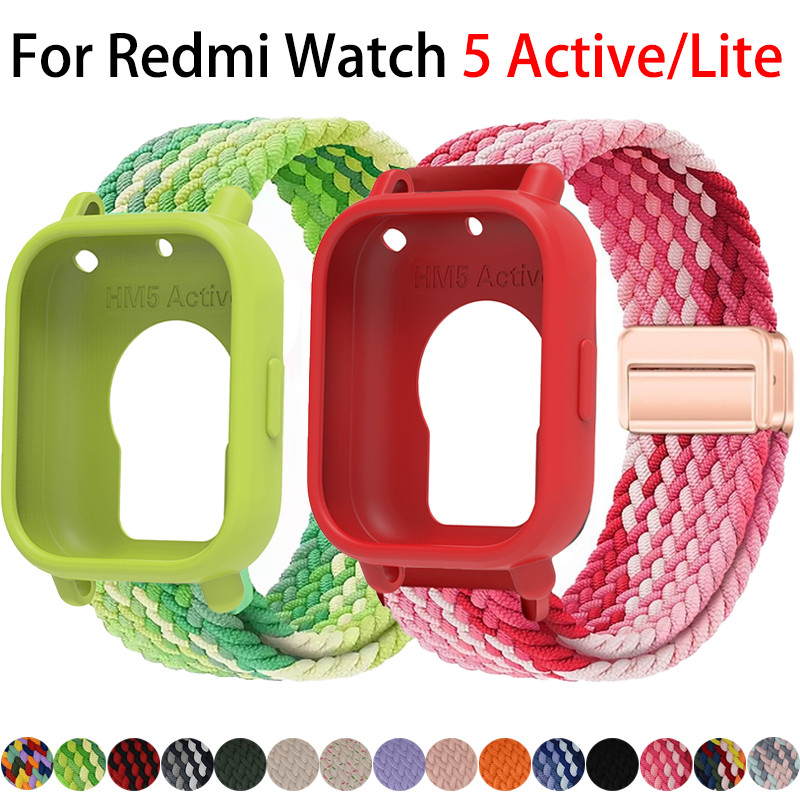เคสซิลิโคนกีฬา + สายไนลอนสําหรับนาฬิกา Redmi 5 Active/Lite สายรัดยืดหยุ่นหัวเข็มขัดแม่เหล็กสําหรับ Redmi Watch 5 Active 5Lite สบายสายรัดข้อมือเปลี่ยนอุปกรณ์เสริม