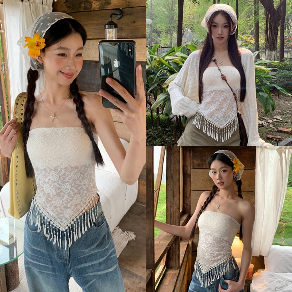 💓Soroh💓เสื้อเกาะอก ปาดไหล่ มฟองน้ำ ลายดอกไม้ รายละเอียดเสื้อพู่ ชุดไปทะเล สวยงาม แฟชั่น💕#FY5525