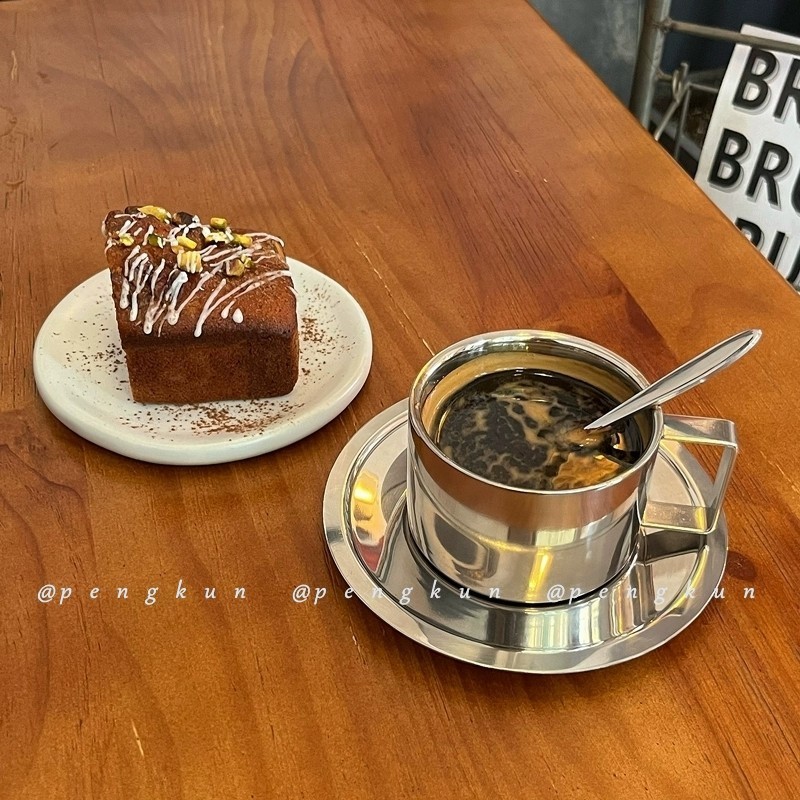 Niche ins สไตล์ถ้วยกาแฟสแตนเลสน้ําชายามบ่ายเย็นอเมริกันลาเต้ถ้วยกาแฟจานรองชุด Retro ประณีต ราคา ถูกที่สุด ดีลบีเคเค แกลเลอรีภาพที่ 2