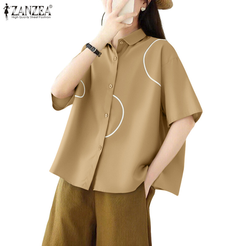 ZANZEA เสื้อแฟชั่นคอปกแขน3/4 หลวม พิมพ์ลายเกาหลีสำหรับผู้หญิง ราคา ถูกที่สุด ดีลบีเคเค