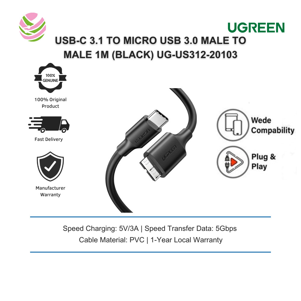 UGREEN USB-C 3.1 TO MICRO USB 3.0 สายชายชาย 1M (สีดํา) UG-US312-20103