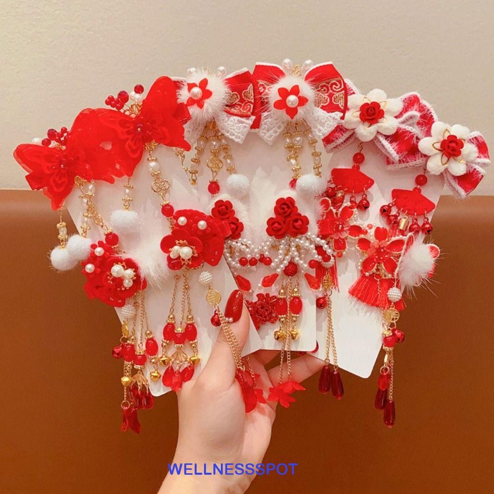 Wellnessspot เด็กกิ๊บสีแดง, พู่ดอกไม้ตรุษจีน Headwear, Simple Bow Bowknot เครื่องประดับผมสาว Hanfu Hairpin Baby