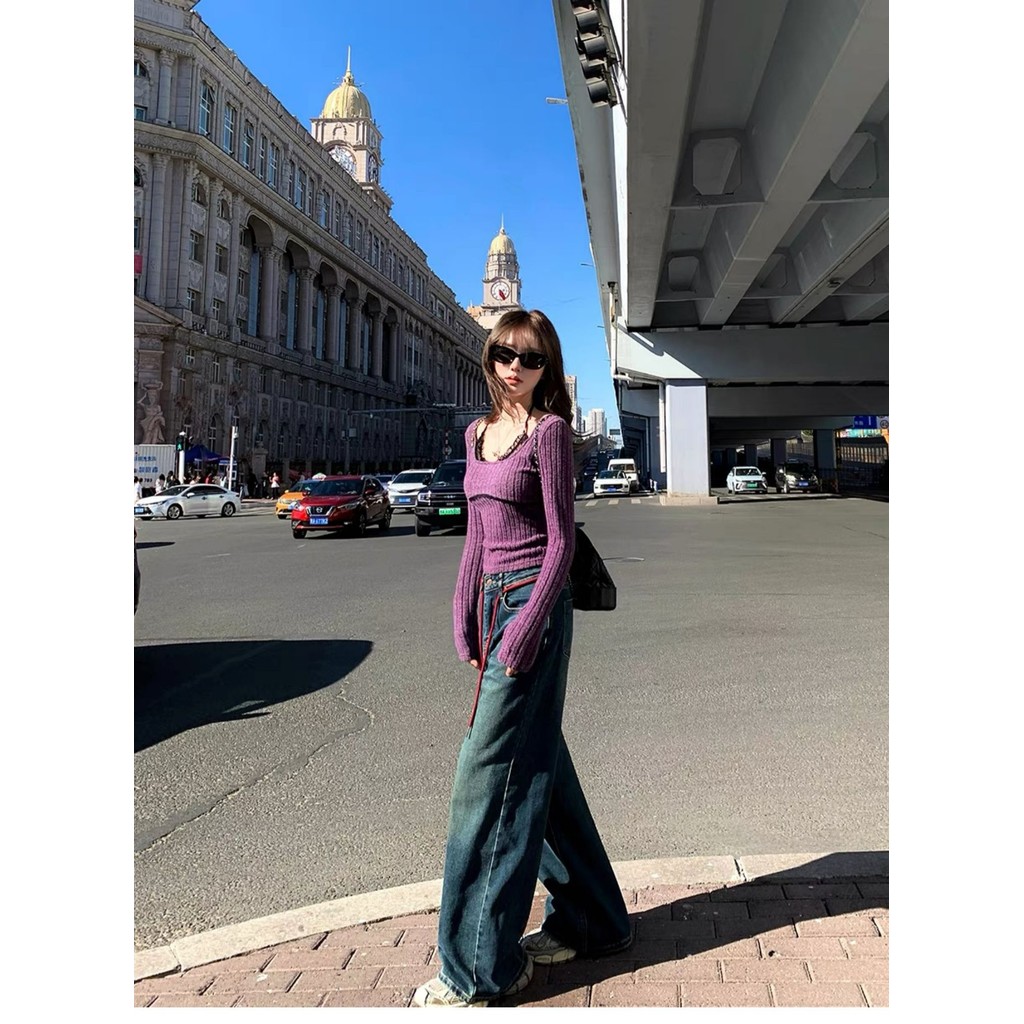 ลูกไม้เย็บปะติดปะต่อ สีม่วง แขนยาว แบบคล้องคอ เสื้อเชิ้ตฤดูใบไม้ร่วงสำหรับผู้หญิง ทรงเข้ารูป เสื้อสอ