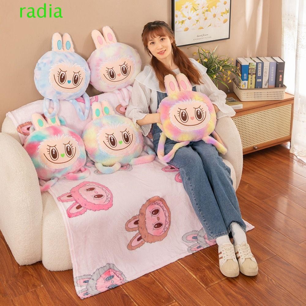 Radiantzap Labubu หมอนผ้าห่ม, มัลติฟังก์ชั่นพร้อมผ้าห่ม Warming Labubu หมอนรองมือ, หมอนนอนน่ารัก Knapsack Fluffy ตกแต่งบ้าน