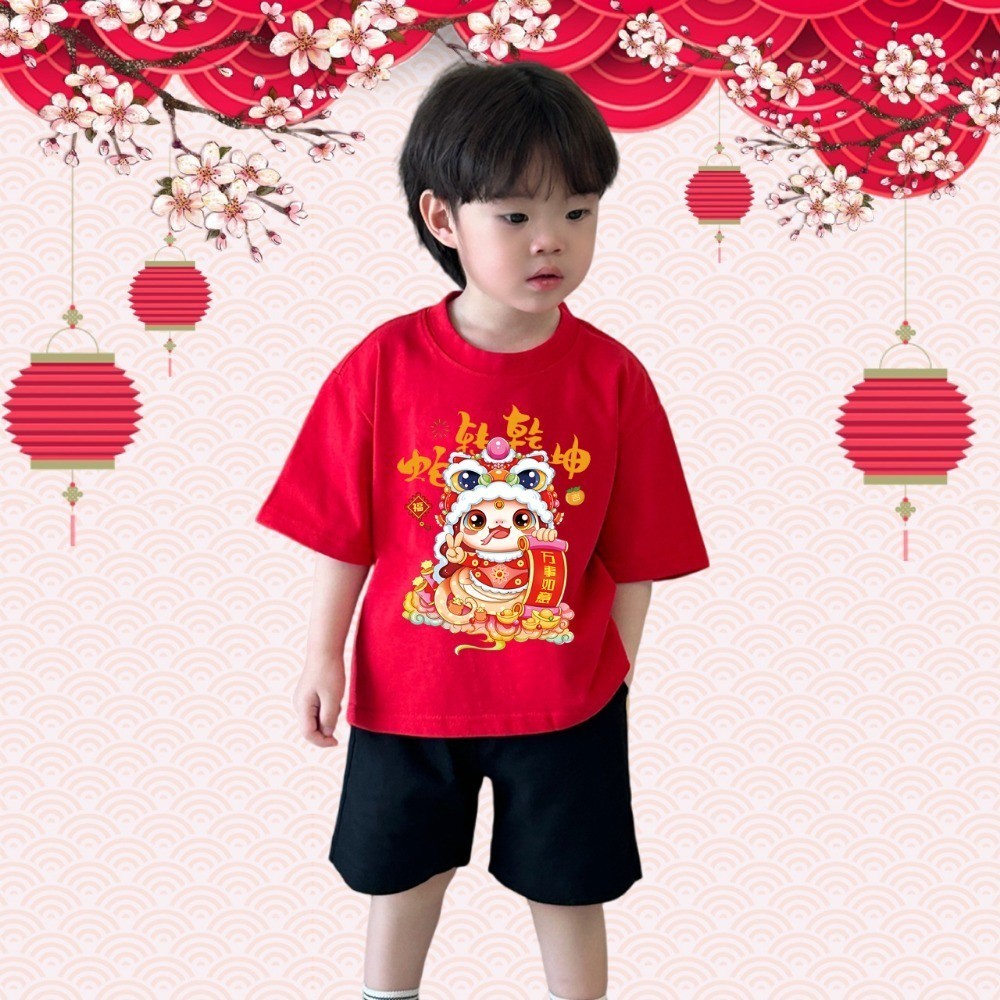 (จัดส่งตลอด 24 ชั่วโมง)Candy kids เด็กเสื้อแขนสั้นจีนเทศกาลฤดูใบไม้ผลิชายหญิงรอบคอเสื้อยืดชุด
