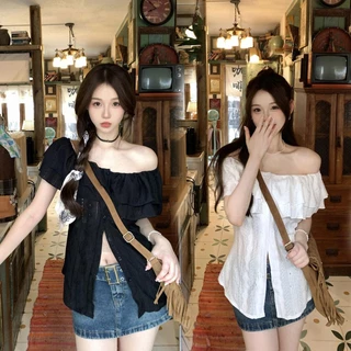 Dahong เสื้อเบลาส์ผู้หญิง มีกระดุม แต่งระบาย เสื้อลูกไม้แฟชั่นแขนยาวไหล่เดียว สีพื้น สไตล์หรูหรา w550