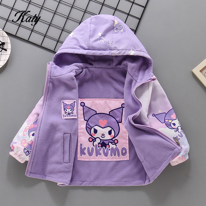 เสื้อแจ็คเก็ตฤดูใบไม้ผลิและฤดูใบไม้ร่วงสำหรับเด็กผู้หญิง Kuromi เสื้อแจ็คเก็ตบุขนกำมะหยี่2025ใหม่เด็กสวมสองด้านเสื้อกันลมสำหรับฤดูใบไม้ร่วงและฤดูหนาว