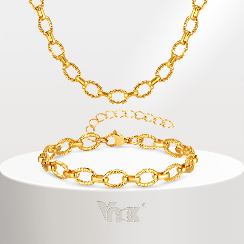VNOX วีน็อกซ์ สร้อยคอสร้อยข้อมือโซ่แฮนด์เมดสําหรับผู้หญิงสาว,ชุดเครื่องประดับสแตนเลสชุบทอง