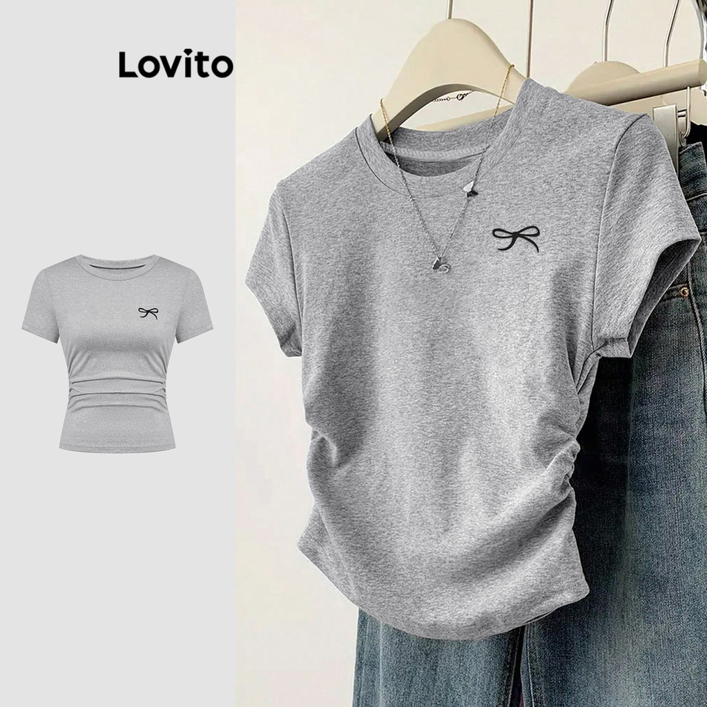 Lovito เสื้อยืดจีบหน้าโบว์สีพื้นน่ารักสำหรับผู้หญิง L114AD717