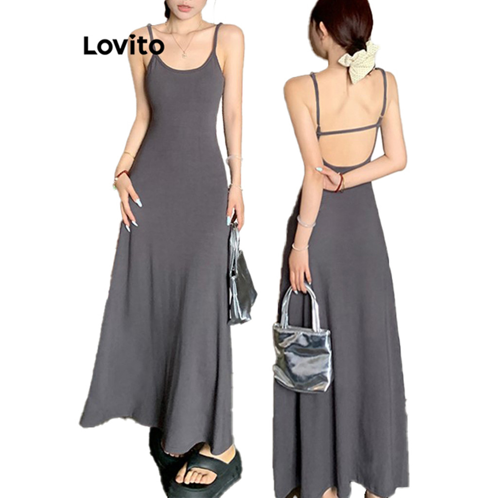 Lovito เดรสผู้หญิง เปิดหลัง สีพื้น สไตล์ลำลอง LNM72399