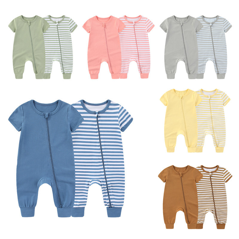 2 ชิ้นเด็กทารกชายหญิงแฟชั่นแขนสั้นซิป ชุดจั๊มสูท ผ้าฝ้ายนุ่มทารกแรกเกิดเสื้อผ้า
