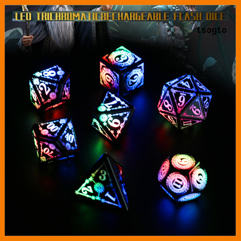 [Toto] 7 ชิ้น/เซ็ต LED Light-up ลูกเต๋า Type-C ชาร์จ RGB เรืองแสงหลายด้านลูกเต๋า D4 D6 D8 D10 D12 D2
