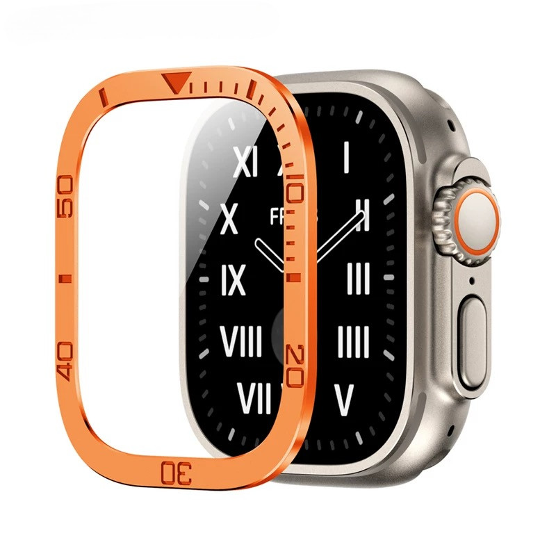 กันชนโลหะ + กระจกนิรภัยสําหรับ Apple Watch Ultra 2 49 มม.อุปกรณ์เสริมป้องกันหน้าจอ Anti-Scratch Scale HD ฟิล์มเต็ม iWatch Ultra 49 มม.