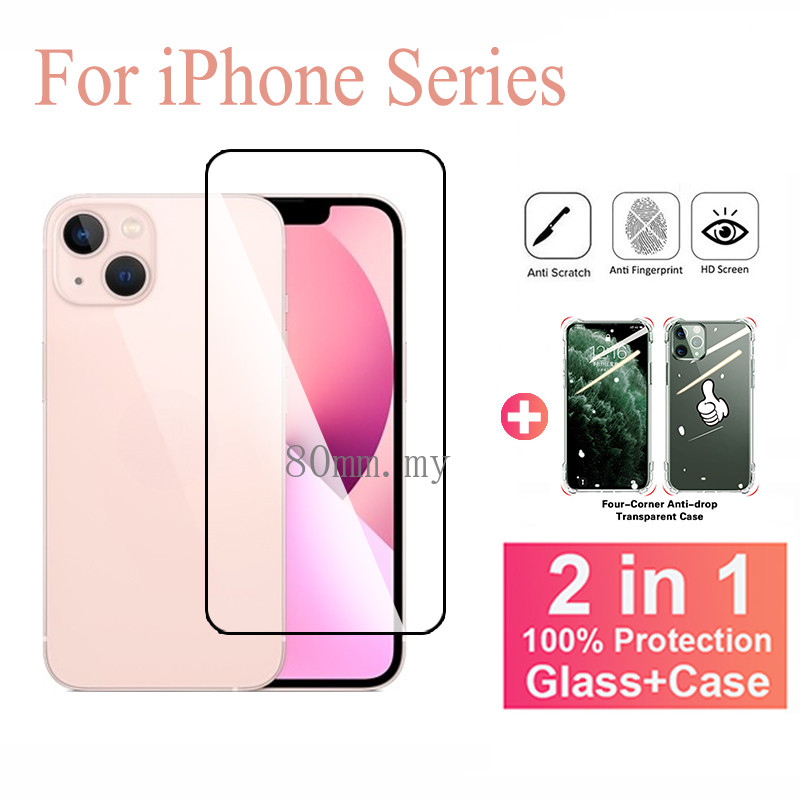 2-IN-1 ฟิล์ม + เคส สำหรับ iPhone 13 ฟิล์มกระจกนิรภัยกันรอยหน้าจอสำหรับ iPhone 13 16e 16 15 14 12 11 