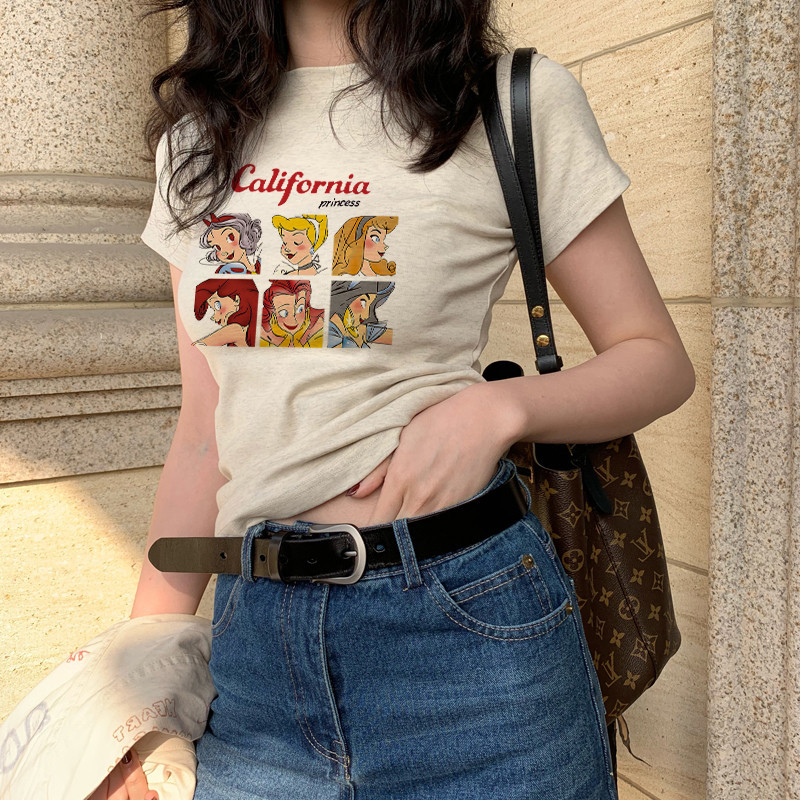 (COD ส่งจากไทย) baby tee เสื้อที-เชื่อผ้าฝ้ายแบบอเมริกันสำหรับผู้หญิง สไตล์แขนสั้น สีซันมีการพิมพ์ลายลักษณะ สำหร - รูปที่ 5