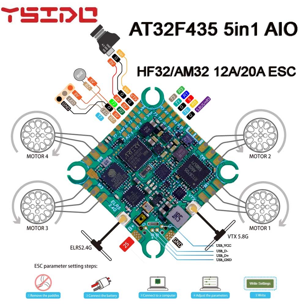 YSIDO AT32F435 5-in-1 AIO 5V/2A HF32/AM32 12A/20A ESC ExpressLRS ELRS 2.4G & 5.8G 400mW VTX สําหรับ 