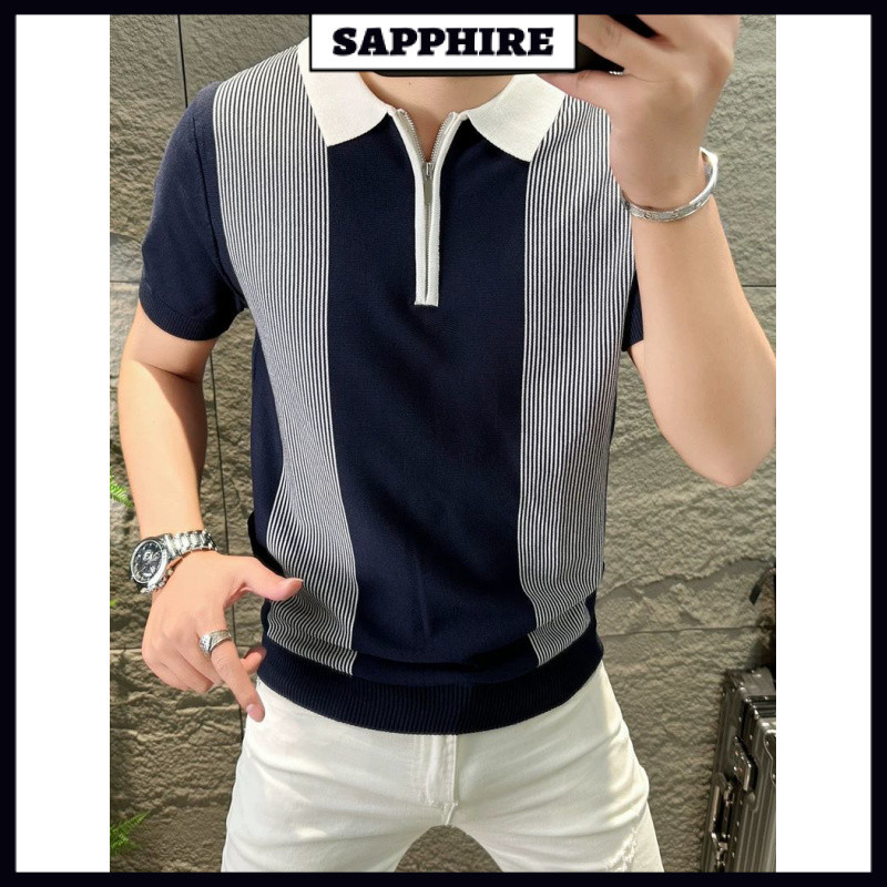 สินค้ายุโรป 2025 เสื้อโปโลผู้ชายแขนสั้น Street Wear High-End แฟชั่นฤดูร้อน Slim-Fit Lapel Contrast สีเสื้อยืดแขนสั้น