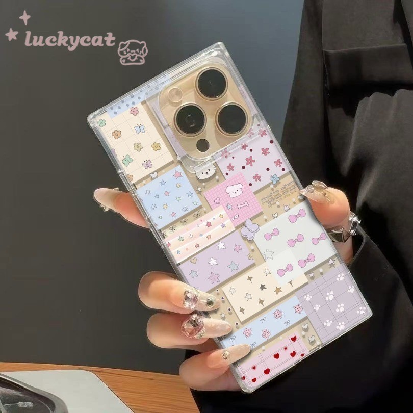 เข้ากันได้กับ iPhone 16 15 14 13 12 11 Pro Max เคสโทรศัพท์ Ins ดอกไม้ดาวสีสันสดใสหวาน Square Soft ฝาหลัง