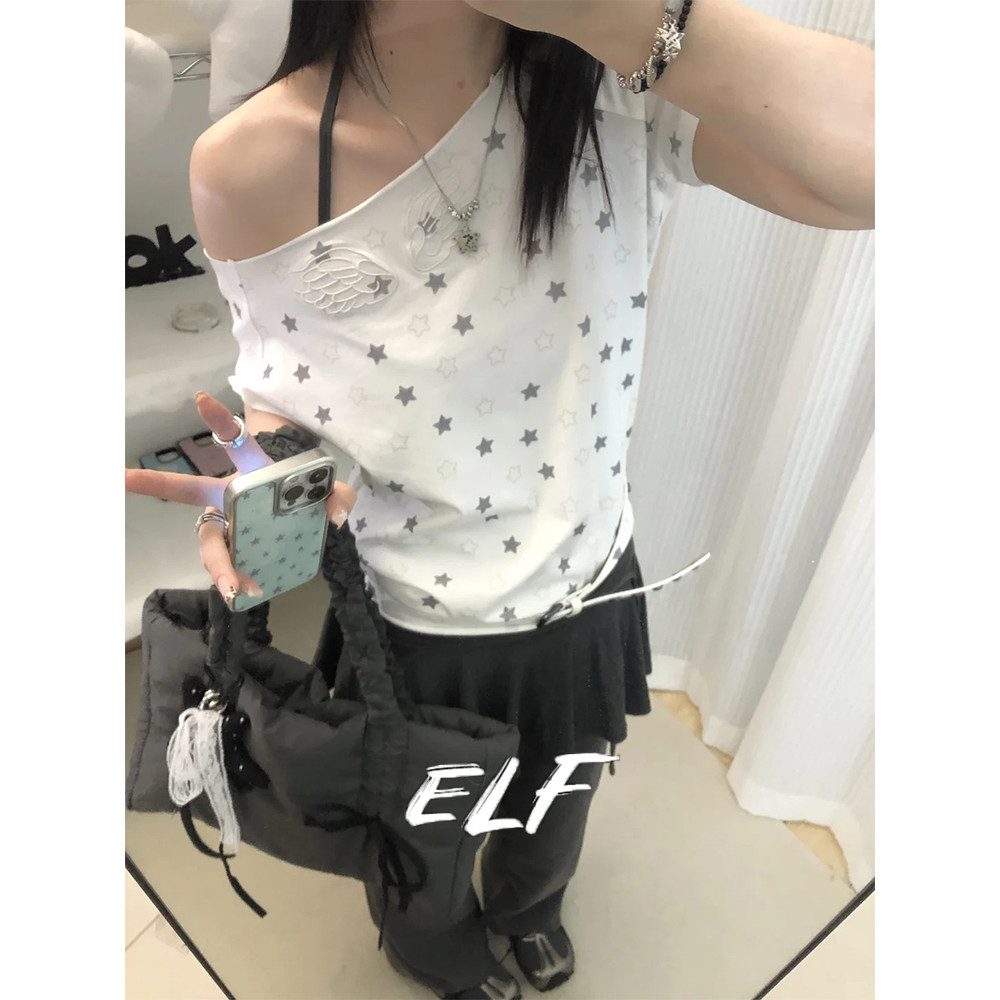 เสื้อแขนสั้นลายพิมพ์ดาวสีขาว ทรงหลวม สไตล์ฤดูร้อน