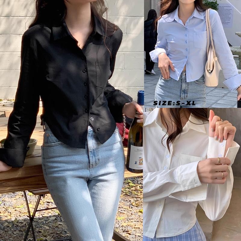 Mimi&didi#เสื้อครอปสลิมฟิต แขนยาว เสื้อเชิ้ตปกแหลม สไตล์เกาหลี เว้าเอว งานรัดรูป หวานและน่ารัก สำหรับผู้หญิง#W314