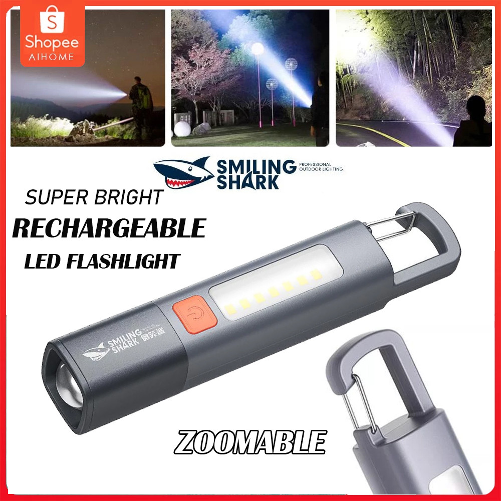 Smiling SHARK ไฟฉายอเนกประสงค์ ไฟฉาย LED สว่างมาก ไฟฉาย ชาร์จไฟได้ กันน้ํา ขนาดกะทัดรัด สําหรับกลางแ