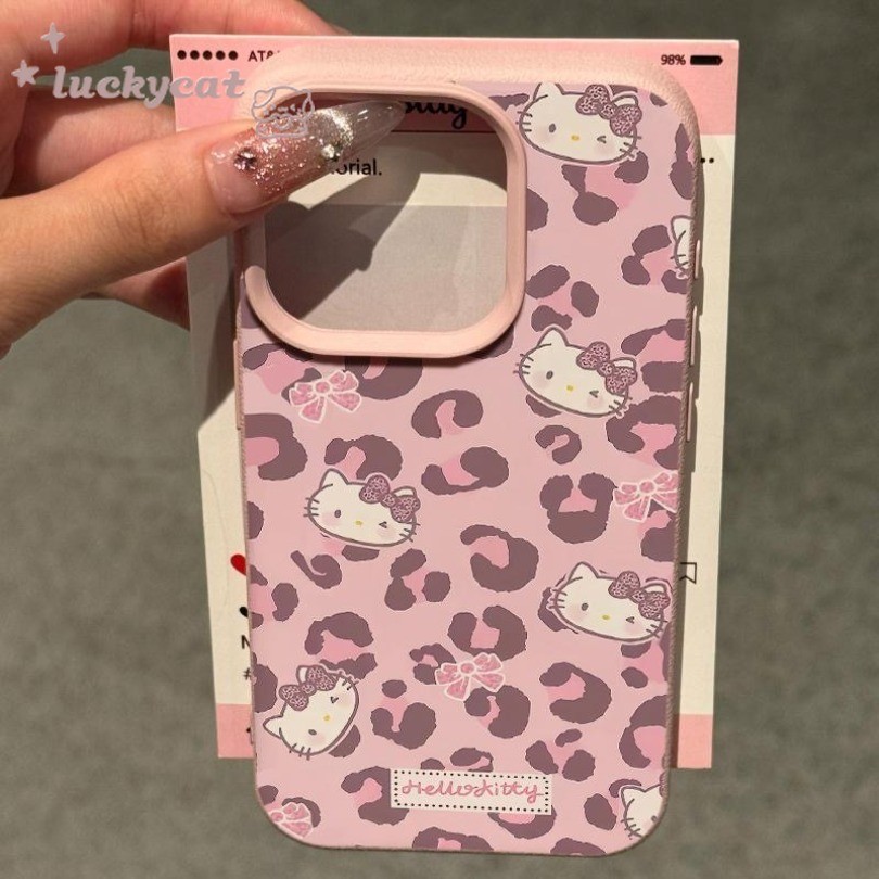 Iphone 16 15 14 13 12 11 Pro Max X Xr Xs Max เคสโทรศัพท์การ์ตูนหวานเย็นลายเสือดาวสีชมพู KT Cat คู่หนังนิ่มฝาหลัง
