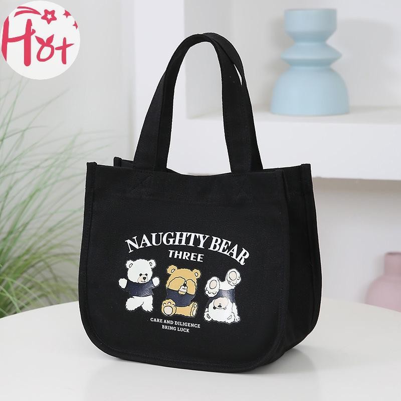 Ge การ์ตูนน่ารักพิมพ์ลายผ้าใบกระเป๋าถือพนักงานออฟฟิศถุงอาหารกลางวันกระเป๋าสิริกระเป๋าเครื่องดื่มปิกนิกแบบพกพาถุงอาหารกลางแจ้งสี่เหลี