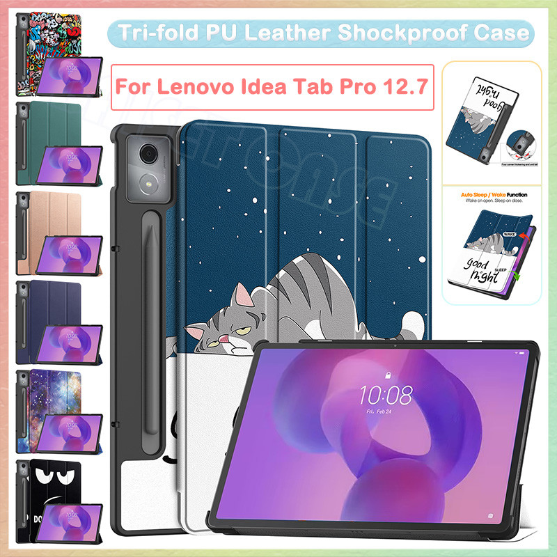 สําหรับ Lenovo Idea Tab Pro 12.7 TB373FU Tri-fold PU Leather Case Hard PC Stand Cover