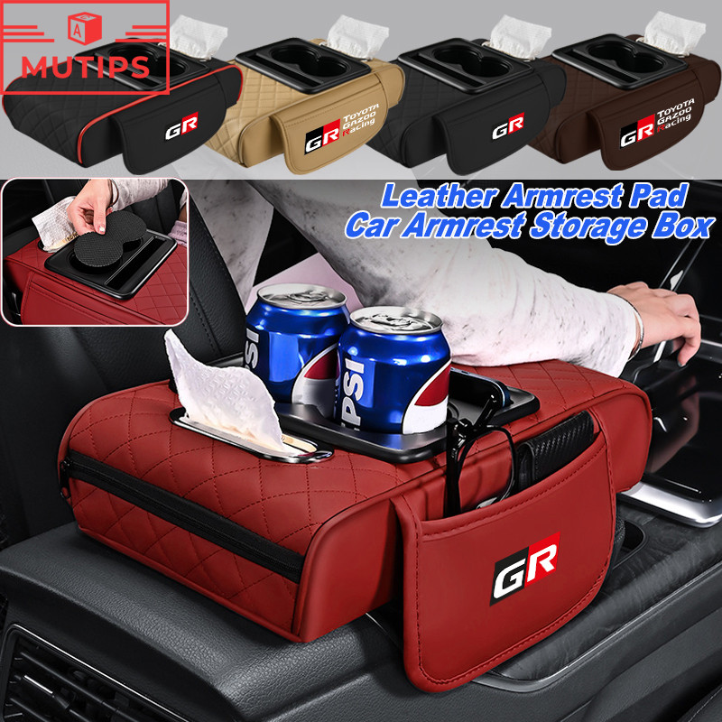 Toyota GR Gazoo เครื่องหนัง ที่พักแขนในรถ กล่องเก็บของคอนโซลกลาง ที่ท้าวแขน พร้อมกล่องทิชชู่และที่วางแก้ว Prius Fortuner Corolla Cross CHR Camry Wish Vios Veloz Estima Sienta Yaris Ativ Altis Hilux Revo bZ4X Hiace