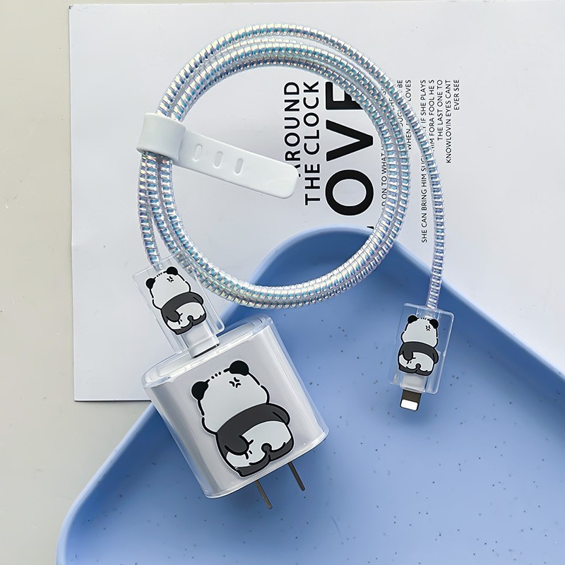 เคสโทรศัพท์แพนด้าสําหรับเครื่องชาร์จ Apple 20W/18W - ฝาครอบตัวป้องกันถ้วยชาร์จเร็วพร้อมคลิปหนีบสายไฟและที่เก็บสายไฟ