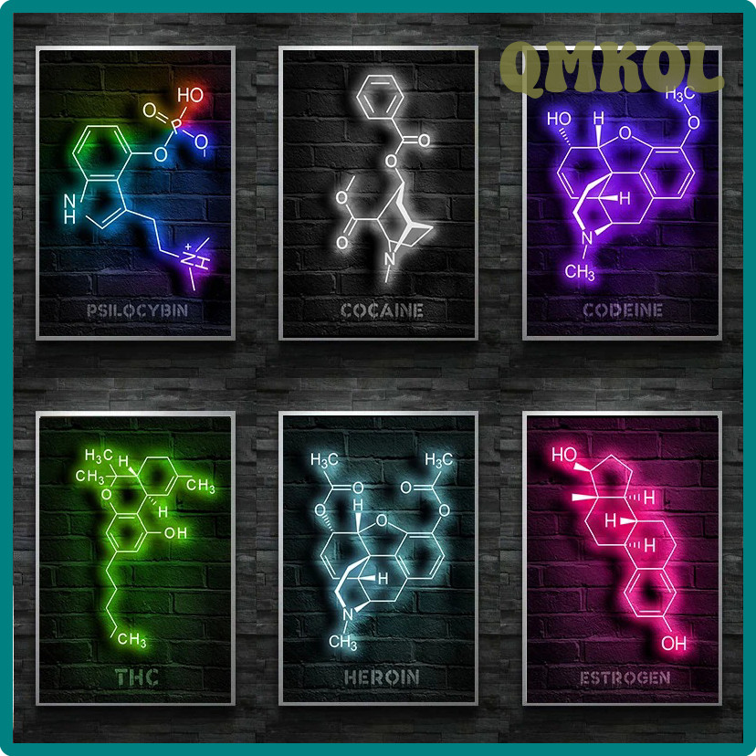 QMKOL โมเดิร์นเคมีนีออนโมเลกุลป้าย Psilocybin Xanax Thc โปสเตอร์ผ้าใบภาพวาด Wall Art ภาพห้องนั่งเล่น