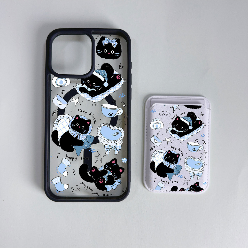 รูปแบบแมวดําน่ารักกระเป๋าสตางค์สามสีเคสโทรศัพท์สําหรับiPhone11 Pro Max 12 13 Pro 15 Pro Max 14 Pro Max 14 Pro 16 Pro Max 16 plus 17 17pro 17Promaxคู่โทรศัพท์มือถือ