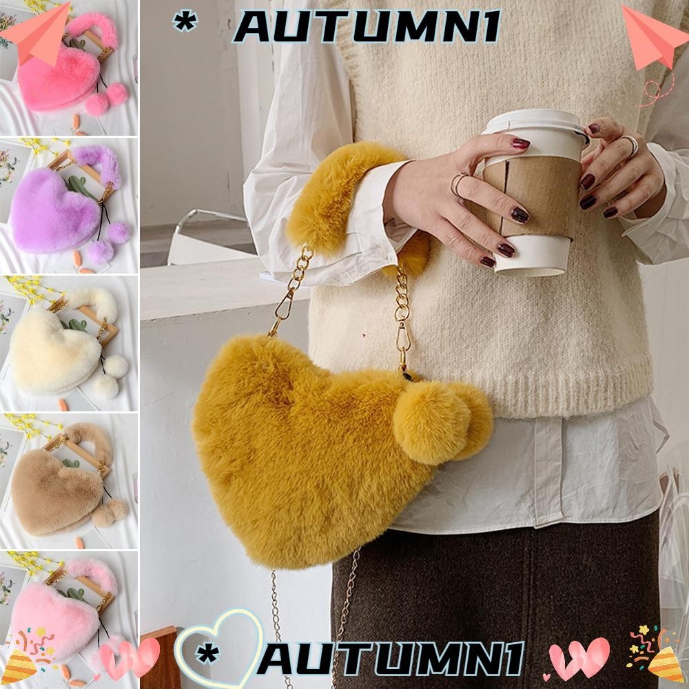 Autumn1 กระเป๋าถือขนาดเล็ก, กระเป๋าถือตุ๊กตาปุยขนเทียม, กระเป๋าคลัทช์ทุกวันแบบสบาย ๆ รูปหัวใจน่ารัก
