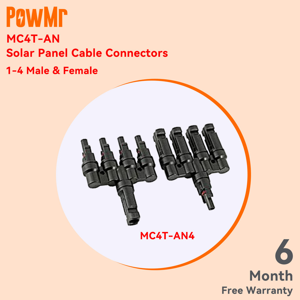 PowMr One pair MC4 T Branch Solar Panel Cable Connectors Male & Female 1-4 Waterproof MC4T-AN4