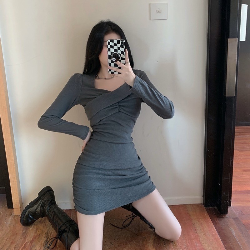 🛒FF.shop🛒 พร้อมส่ง ชุดเดรสแขนยาว สุดเซ็กซี่  #DS354