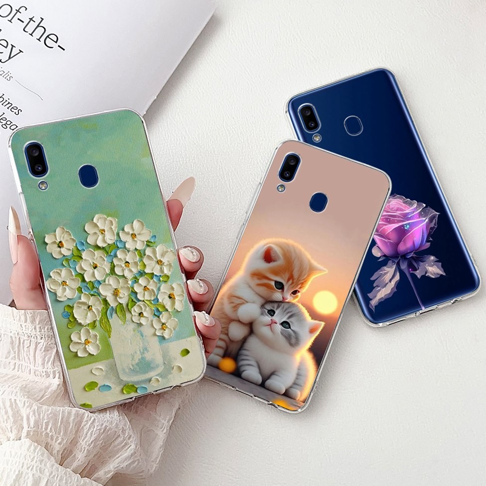 สําหรับ Samsung A30 SM-A305F ปกหลังสําหรับ Samsung Galaxy A30 กรณีแฟชั่นผีเสื้อดอกไม้น่ารักการ์ตูนแมว Cool ตลกเคสโทรศัพท์