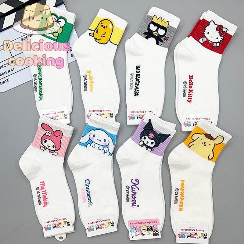 [ทําอาหารอร่อย] Hello Kitty Medium Tube Socks Kuromi การ์ตูนสัตว์ถุงเท้า Kawaii Sanrio Melody ถุงเท้า Rosered สีดําสีขาวถุงเท้าสําหรับสาวผู้หญิง [ใหม่]