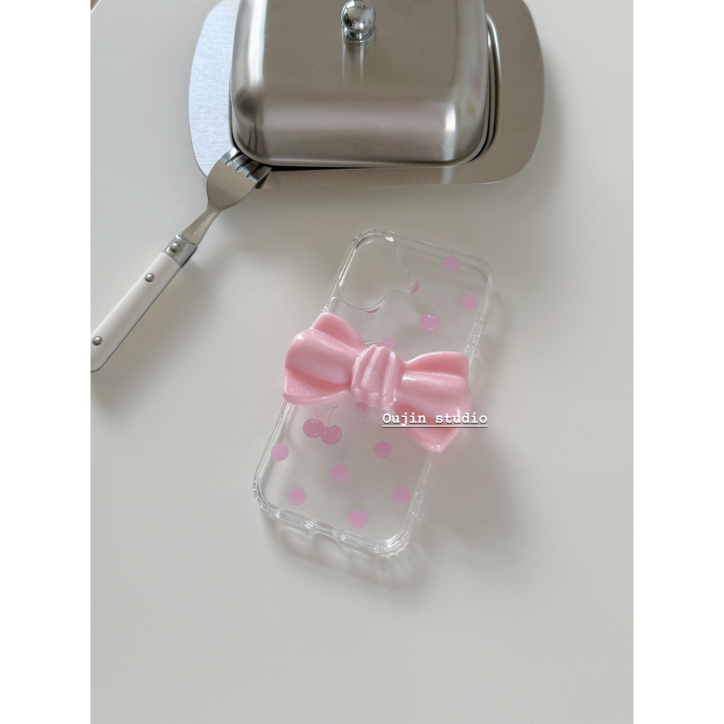 เวอร์ชั่นเกาหลี ins สไตล์ Niche Design Simple หวานน่ารักสาวหัวใจ Polka Dot Pearl Bow เคสโทรศัพท์ 16promax/15/14pro/13 เวอร์ชั่นเกาหลีอะคริลิคป้องกันกรณี