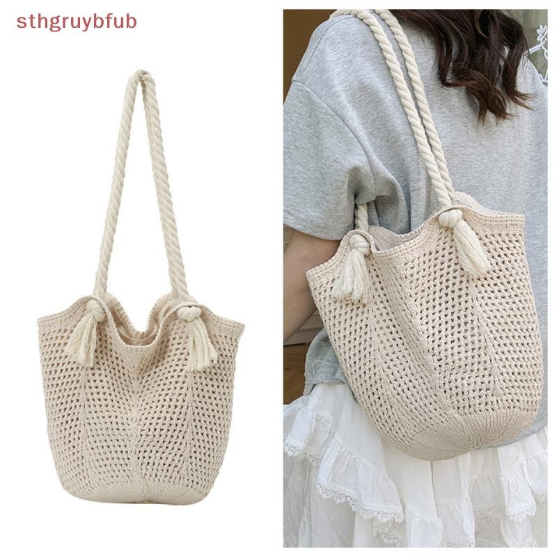 STHB กระเป๋าสะพายสตรีลําลองถักสุภาพสตรี Handmade Totes ความจุขนาดใหญ่ฤดูร้อน Hollow TH
