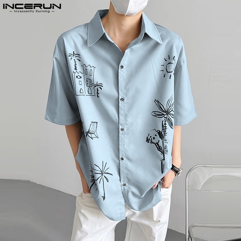 INCERUN เสื้อแขนครึ่งผู้ชาย สไตล์เกาหลี trend พร้อมTURN-DOWN COLLAR พิมพ์ลายสนุก ๆ